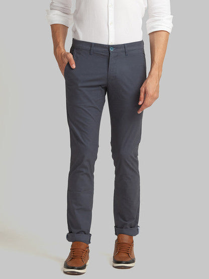 Parx Men Blue Piece Dyed Low Rise Tapered Fit Cotton Blend Trouser