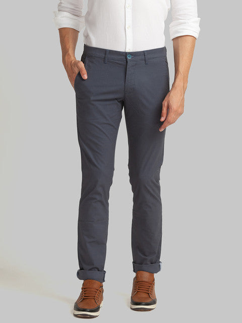 Parx Men Blue Piece Dyed Low Rise Tapered Fit Cotton Blend Trouser