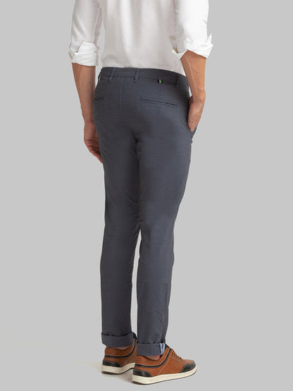 Parx Men Blue Piece Dyed Low Rise Tapered Fit Cotton Blend Trouser
