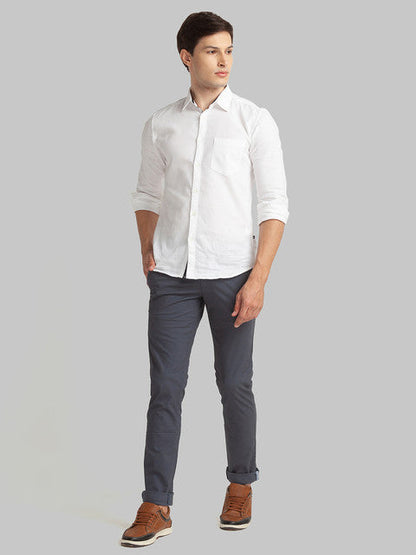 Parx Men Blue Piece Dyed Low Rise Tapered Fit Cotton Blend Trouser