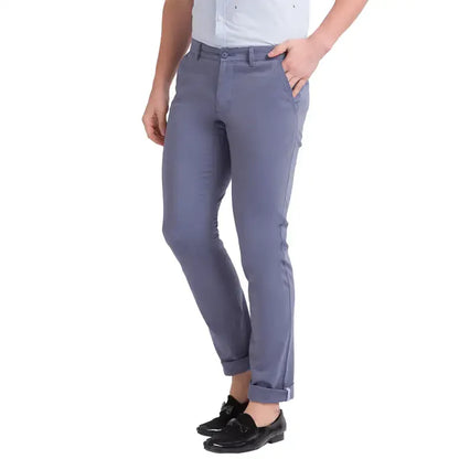 Men Blue Lrt Fit Yarn Dyed Cotton Blend Trouser