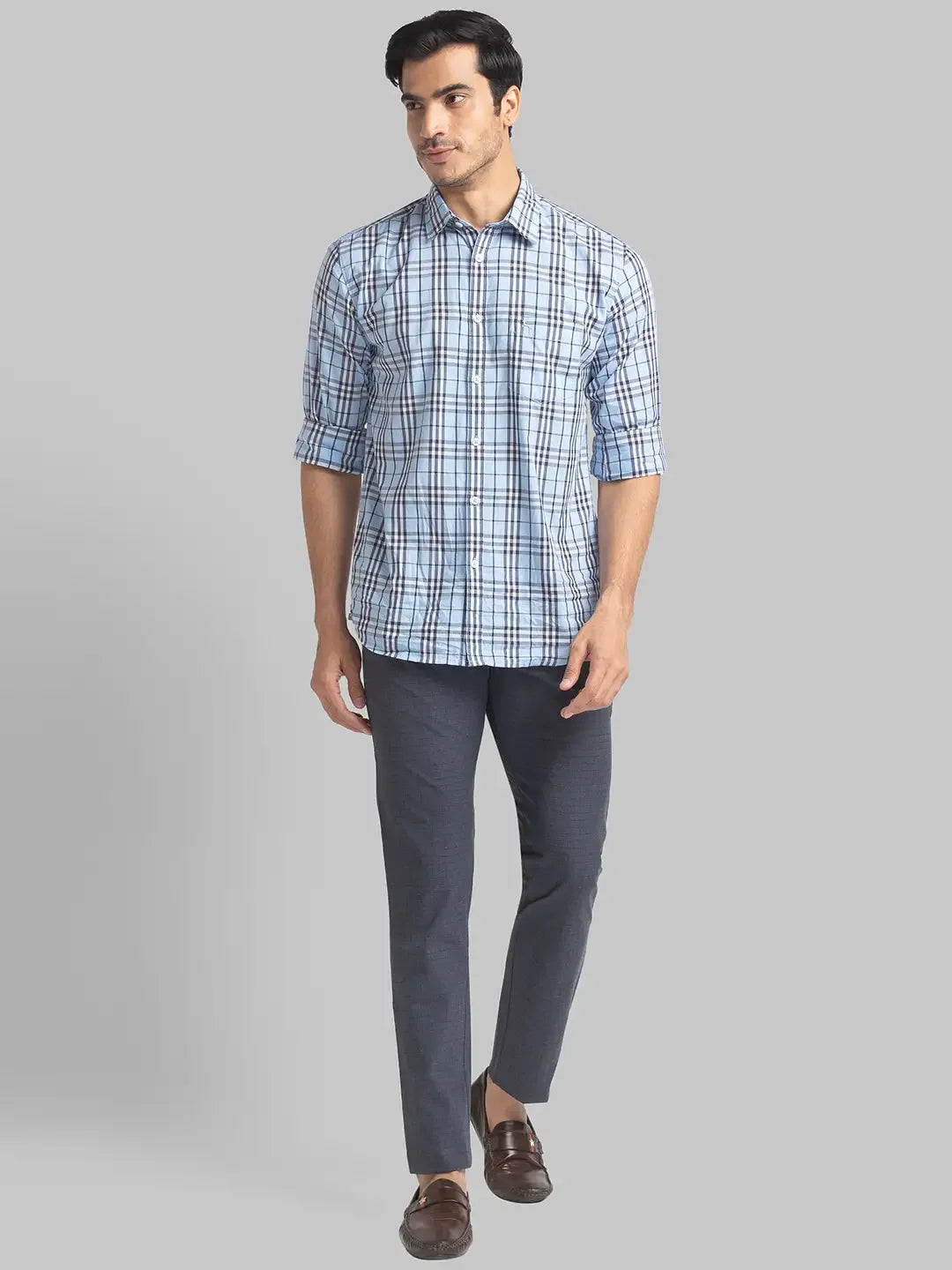 Men Grey Lrt Fit Checks Polyester Blend Trouser