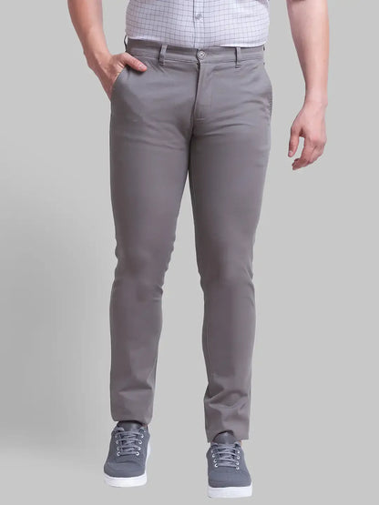 Men Grey Low Rise Tapered Fit Solid Cotton Blend Trouser