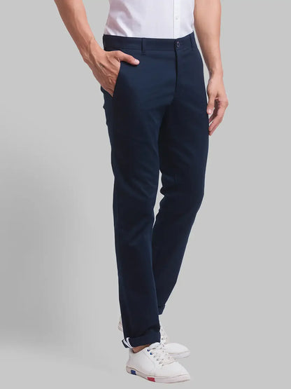 Men Blue Lrt Fit Solid Cotton Blend Trouser