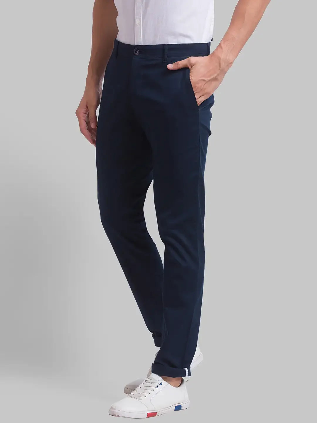 Men Blue Lrt Fit Solid Cotton Blend Trouser