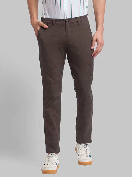 Men Brown Low Rise Tapered Fit Yarn Dyed Cotton Blend Trouser