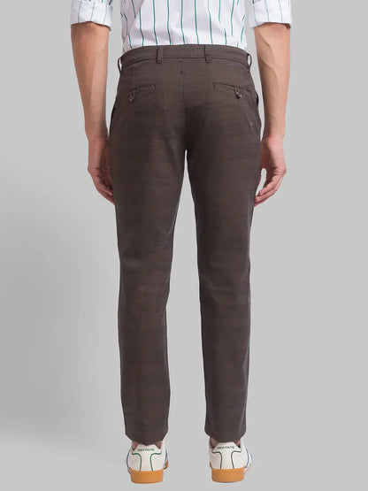 Men Brown Low Rise Tapered Fit Yarn Dyed Cotton Blend Trouser