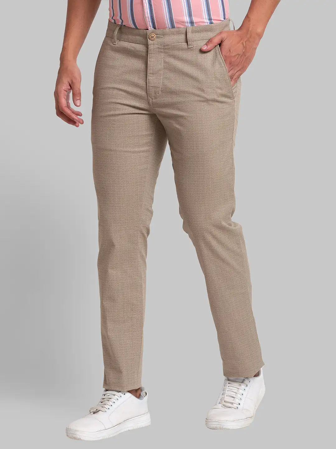 Men Khaki Lrt Fit Solid Cotton Blend Trouser