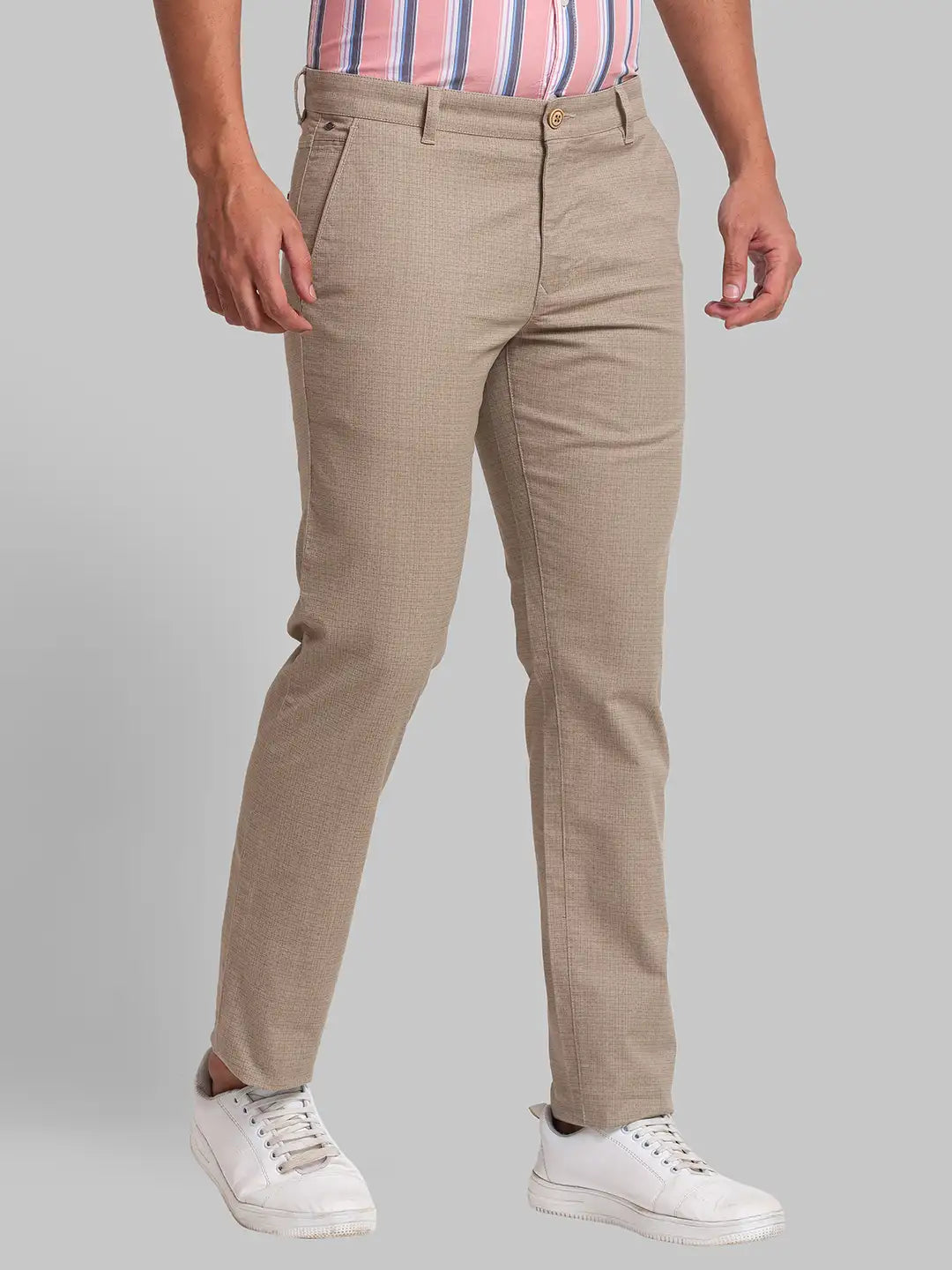 Men Khaki Lrt Fit Solid Cotton Blend Trouser