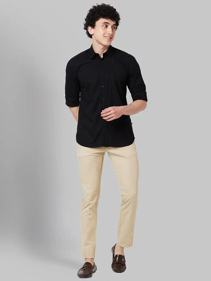 Men Khaki Lrt Fit Solid Cotton Blend Trouser