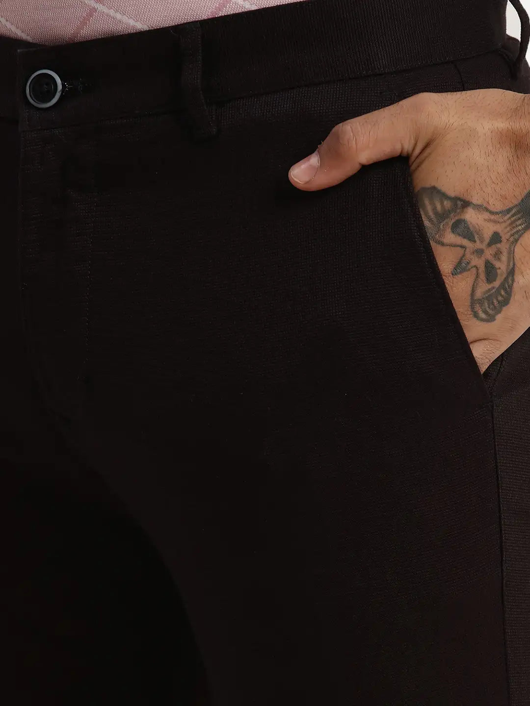 Men Black Lrt Fit Solid Cotton Blend Trouser