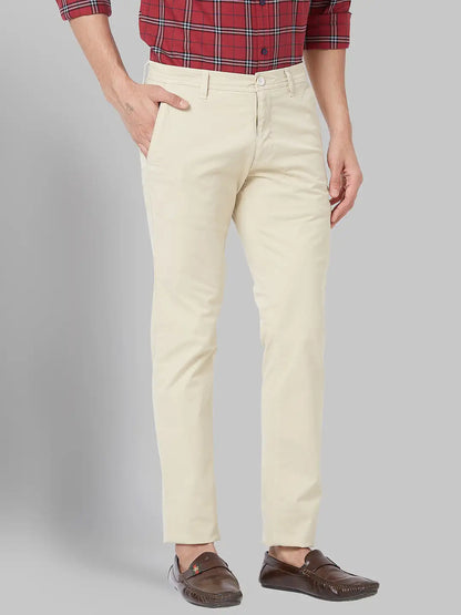 Men Beige Low Rise Tapered Fit Solid Cotton Blend Trouser