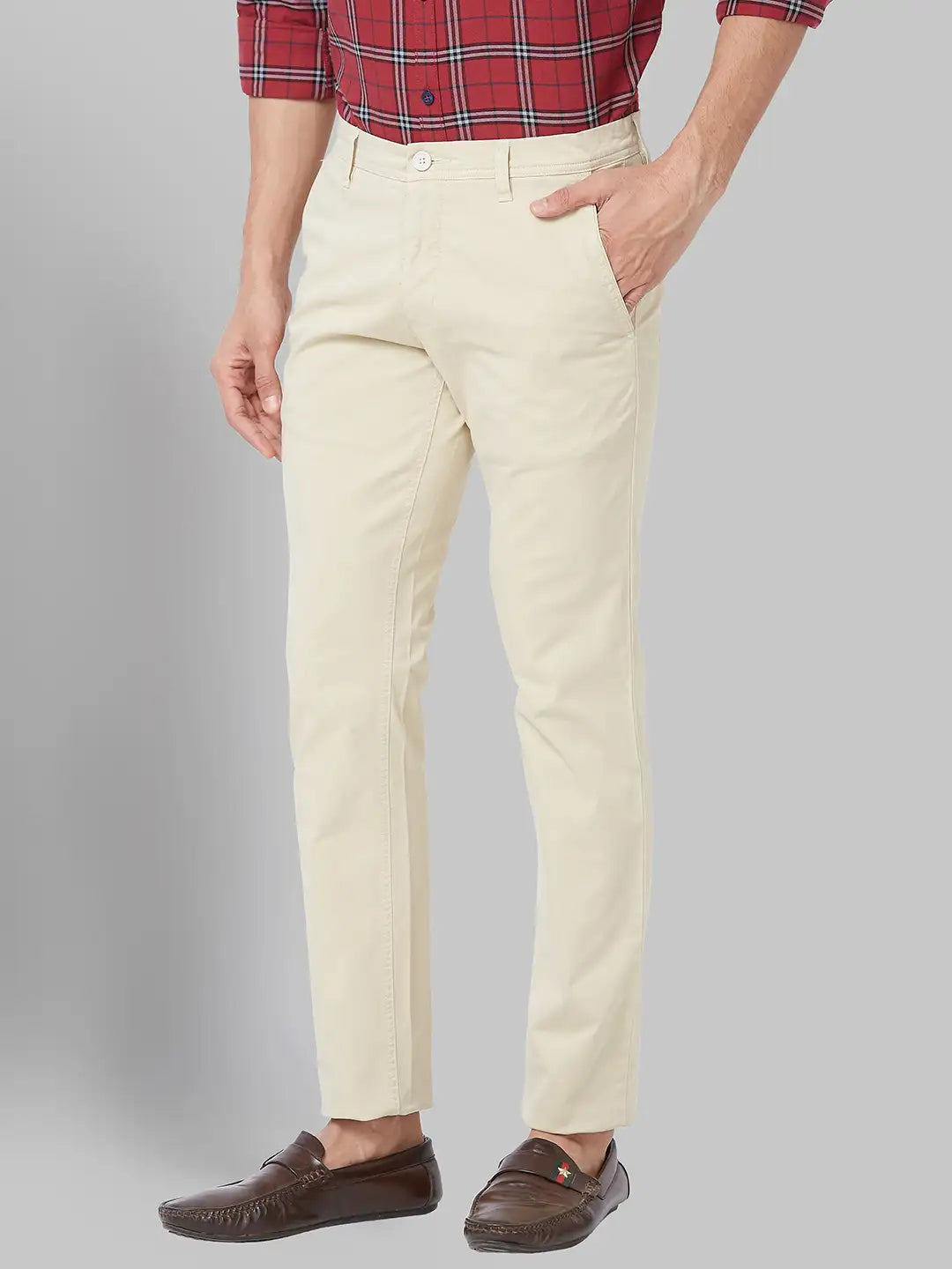 Men Beige Low Rise Tapered Fit Solid Cotton Blend Trouser