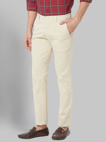 Men Beige Low Rise Tapered Fit Solid Cotton Blend Trouser
