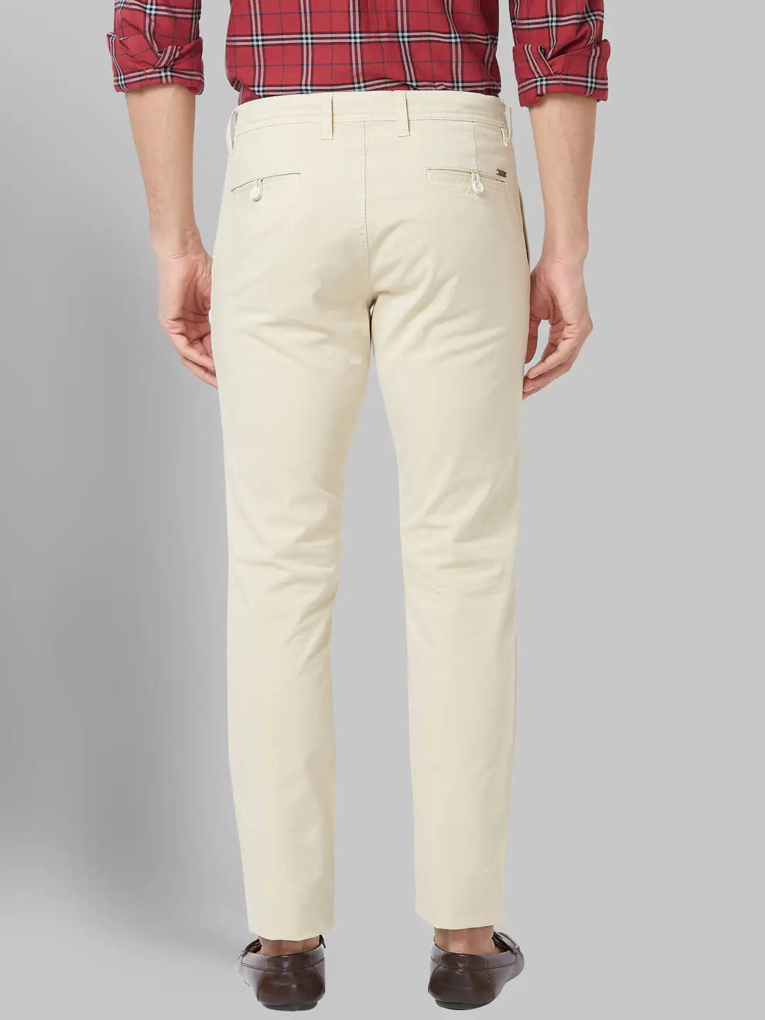 Men Beige Low Rise Tapered Fit Solid Cotton Blend Trouser
