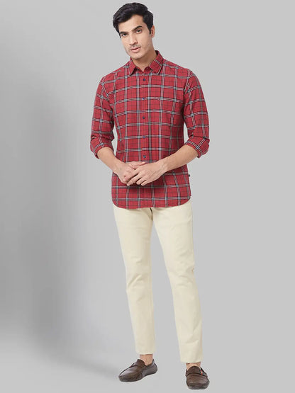 Men Beige Low Rise Tapered Fit Solid Cotton Blend Trouser