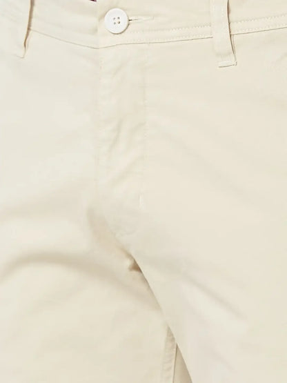 Men Beige Low Rise Tapered Fit Solid Cotton Blend Trouser
