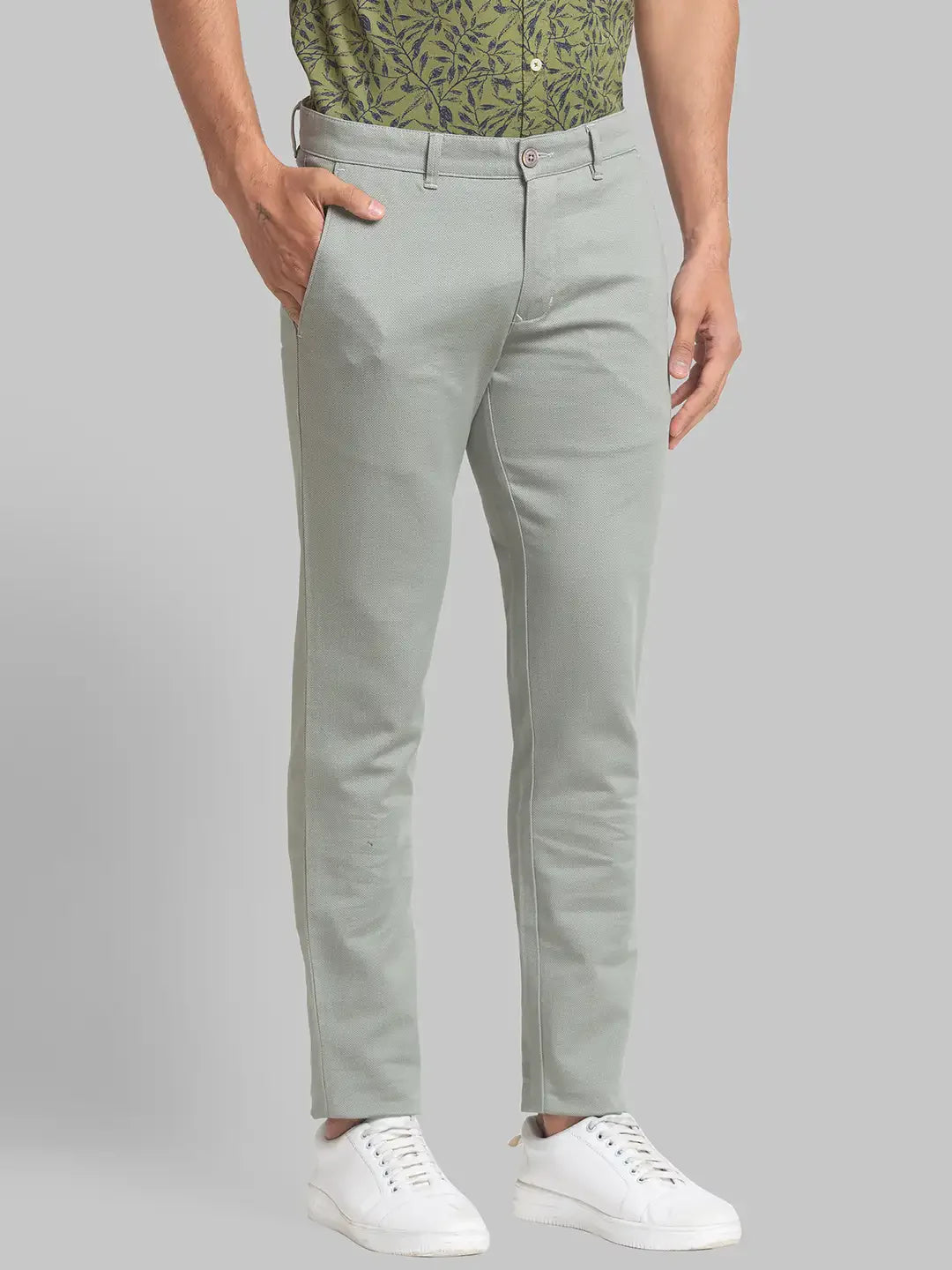 Parx Men Green Printed Lrt Fit Cotton Blend Trouser