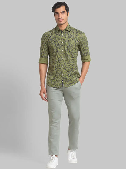 Parx Men Green Printed Lrt Fit Cotton Blend Trouser