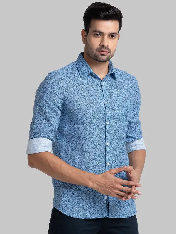 Men Blue Lrt Fit Solid Cotton Blend Trouser