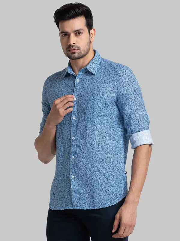 Men Blue Lrt Fit Solid Cotton Blend Trouser