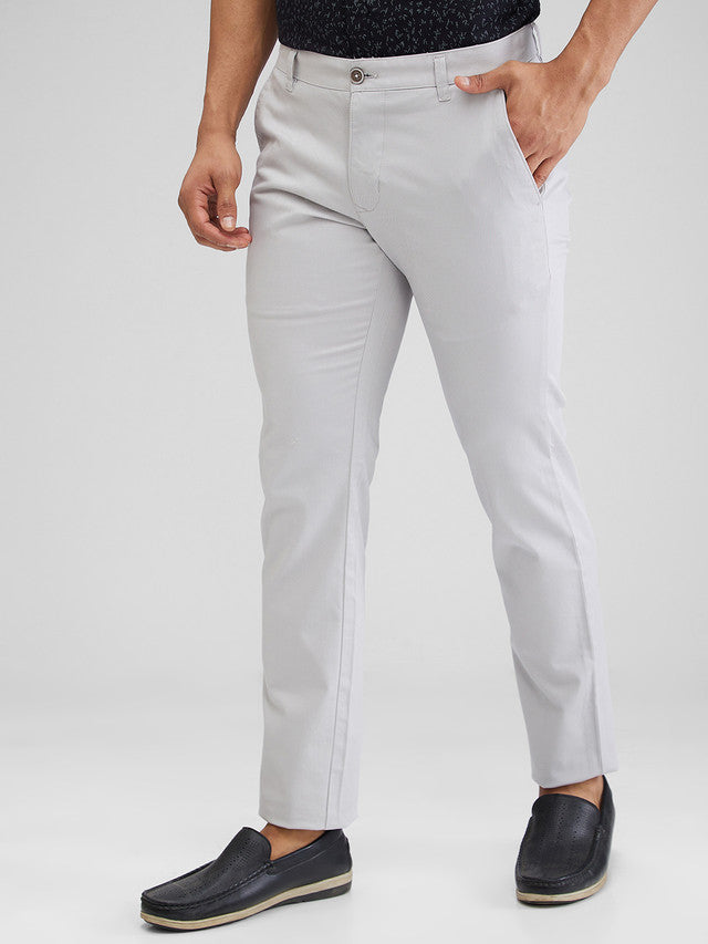 Parx Grey Solid Low Rise Tapered Fit Cotton Blend Trouser