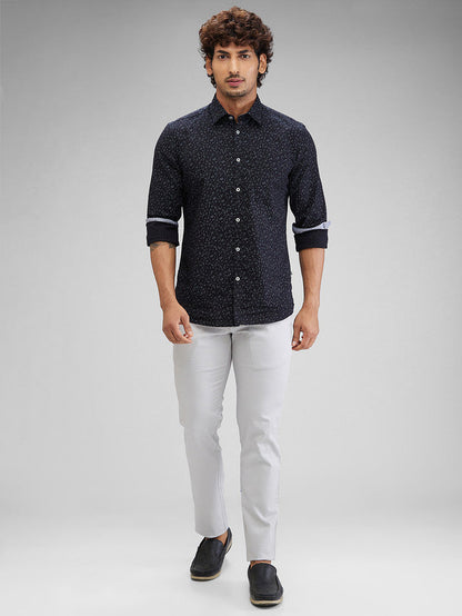 Parx Grey Solid Low Rise Tapered Fit Cotton Blend Trouser