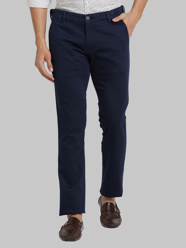 Parx Blue Solid Low Rise Tapered Fit Cotton Blend Trouser