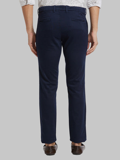 Parx Blue Solid Low Rise Tapered Fit Cotton Blend Trouser