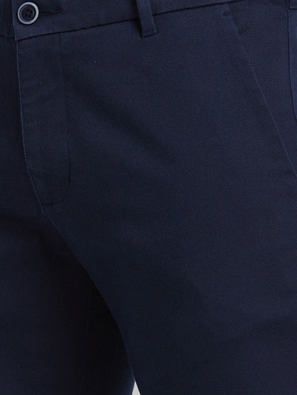 Parx Blue Solid Low Rise Tapered Fit Cotton Blend Trouser