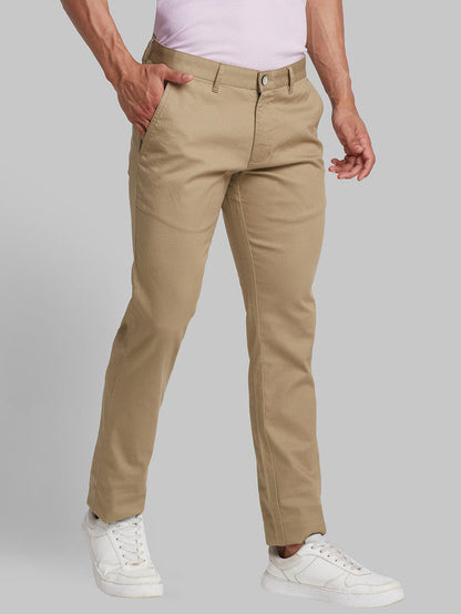 Parx Khaki Solid Low Rise Tapered Fit Cotton Blend Trouser