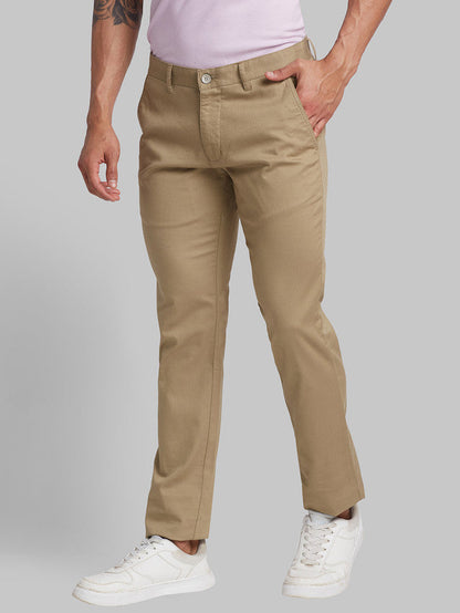 Parx Khaki Solid Low Rise Tapered Fit Cotton Blend Trouser