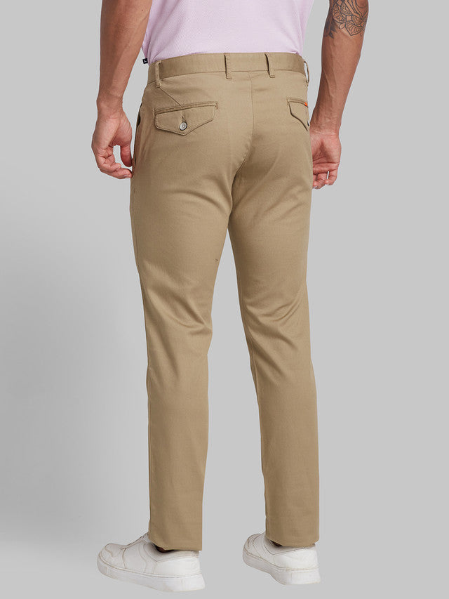 Parx Khaki Solid Low Rise Tapered Fit Cotton Blend Trouser