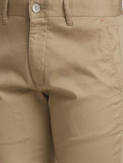 Parx Khaki Solid Low Rise Tapered Fit Cotton Blend Trouser