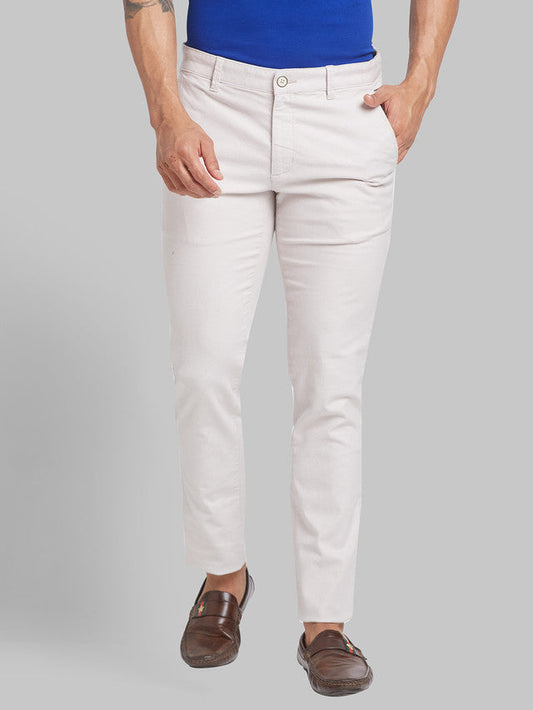Parx Beige Yarn Dyed Low Rise Tapered Fit Cotton Blend Trouser