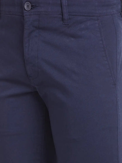 Parx Men Blue Low Rise Tapered Fit Solid Cotton Blend Trouser