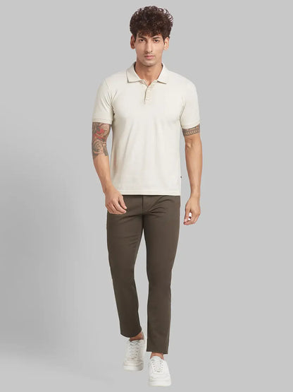 Parx Men Green Low Rise Tapered Fit Solid Cotton Blend Trouser