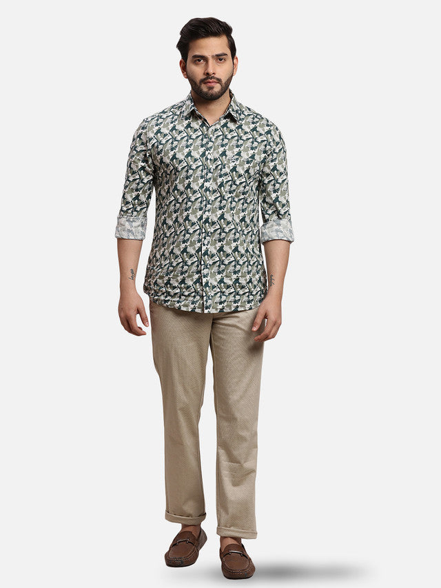 Parx Khaki Printed Low Rise Tapered Fit Cotton Blend Trouser