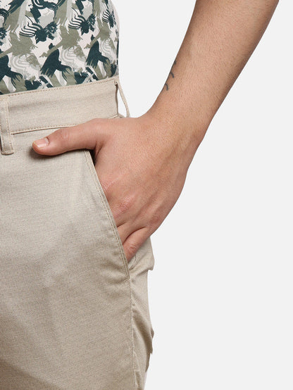 Parx Khaki Printed Low Rise Tapered Fit Cotton Blend Trouser