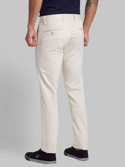 Parx Beige Solid Low Rise Tapered Fit Cotton Blend Trouser