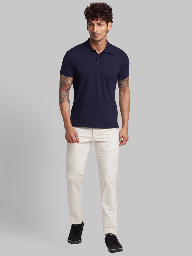 Parx Beige Solid Low Rise Tapered Fit Cotton Blend Trouser