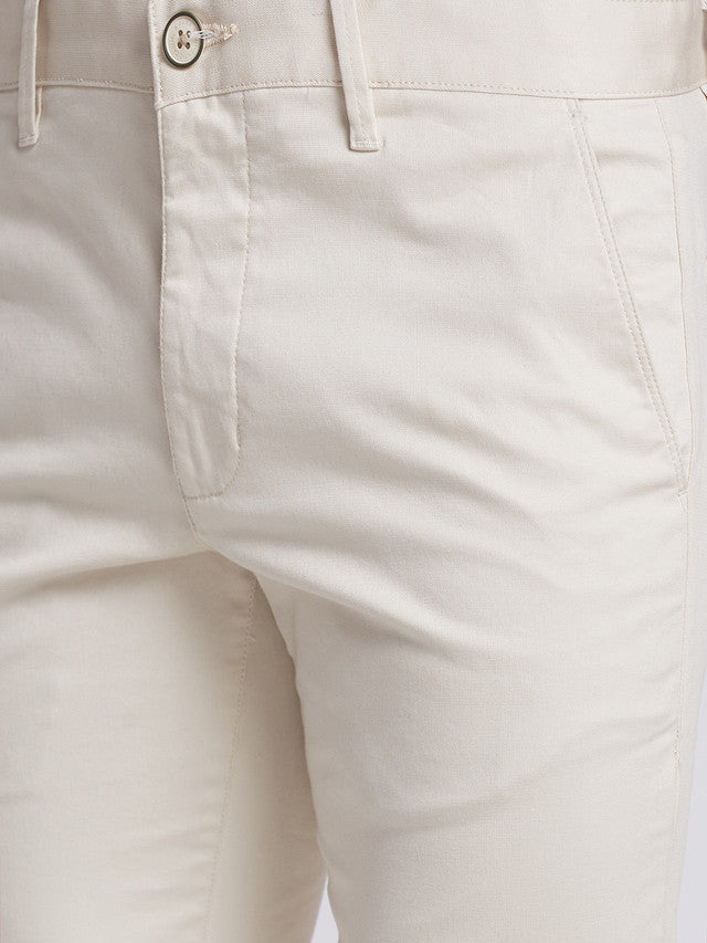 Parx Beige Solid Low Rise Tapered Fit Cotton Blend Trouser