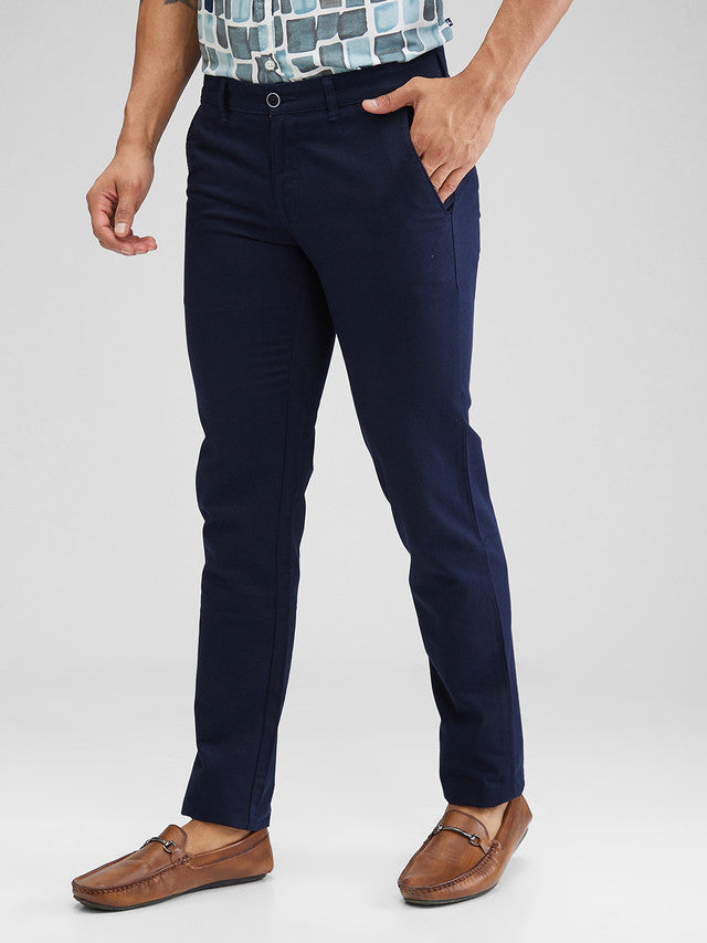 Parx Blue Solid Low Rise Tapered Fit Cotton Trouser