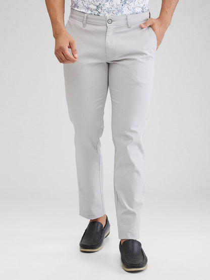 Parx Grey Solid Low Rise Tapered Fit Cotton Blend Trouser