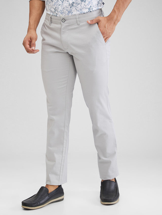 Parx Grey Solid Low Rise Tapered Fit Cotton Blend Trouser
