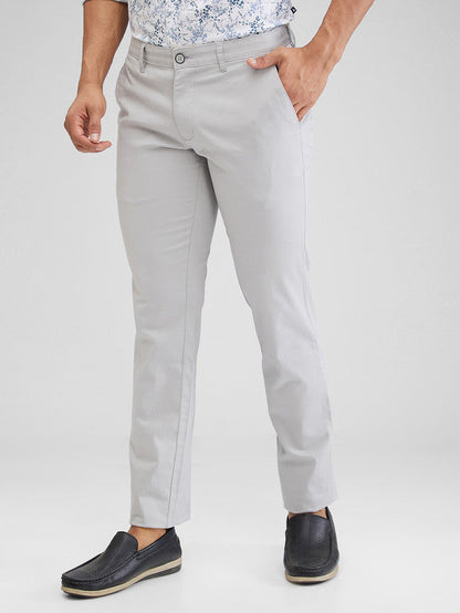 Parx Grey Solid Low Rise Tapered Fit Cotton Blend Trouser