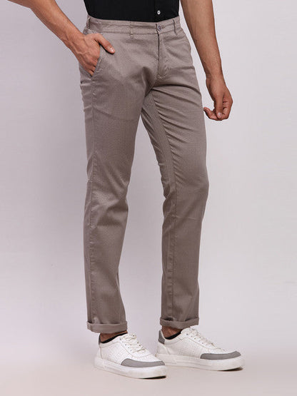 Parx Men Grey Printed Low Rise Tapered Fit Cotton Blend Trouser