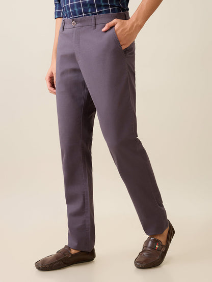 Parx Men Grey Solid Low Rise Tapered Fit Cotton Blend Trouser