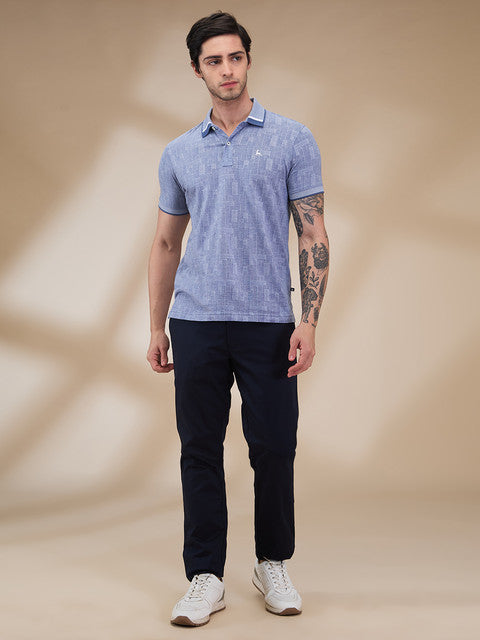 Parx Men Blue Solid Low Rise Tapered Fit Cotton Blend Trouser