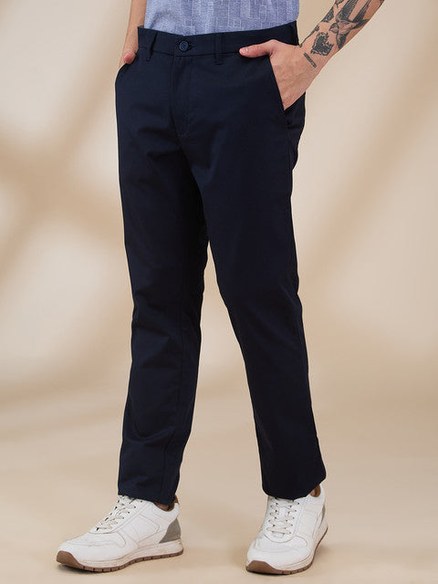Parx Men Blue Solid Low Rise Tapered Fit Cotton Blend Trouser